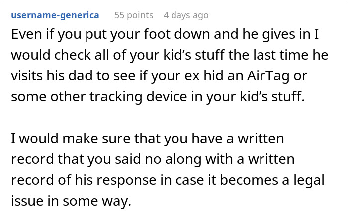 Screenshot of a forum comment advising to check a child&rsquo;s belongings for an AirTag when planning a trip with an 8-year-old son.