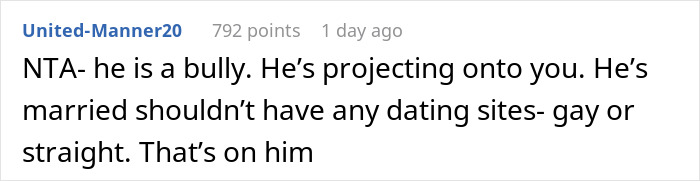 Reddit comment shaming closeted uncle for being on gay dating sites despite being married.