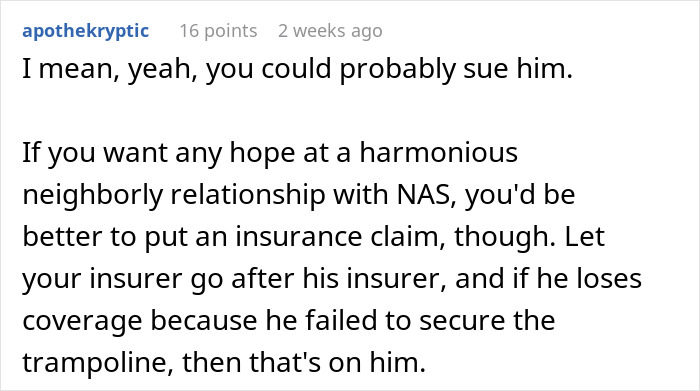 Comment on trampoline damage dispute and insurance advice during a storm.