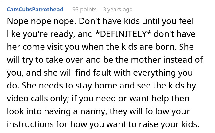 Text screenshot discussing concerns about mother-in-law's role in raising kids and suggesting alternatives.