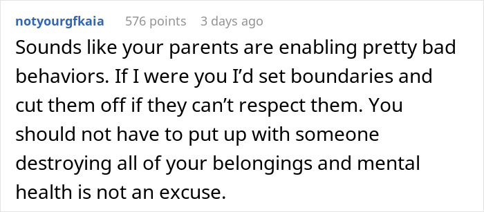 Reddit comment discussing consequences of sibling destroying clothes and setting boundaries.