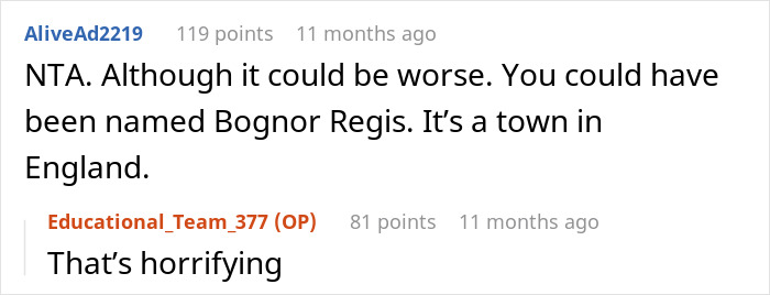 Comment thread discussing name change secrecy with humorous town name suggestion.