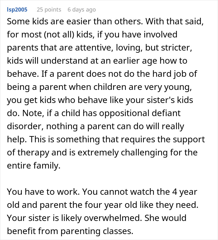 Text discussing parenting challenges, kids' behavior, and support needs with a focus on sister's overwhelmed situation.