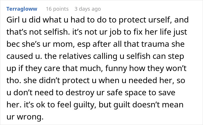Text from a forum comment discussing trauma and parental relationships. Text from a forum comment discussing trauma and parental relationships.