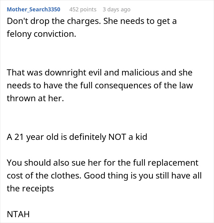 Text discussion about sister's arrest for destroying clothes, with suggestions to press charges and seek legal consequences.