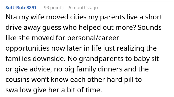 Text discussing challenges of living far from family support, highlighting difficulties in childcare and maintaining family bonds.