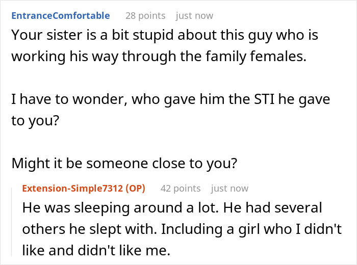 Text discussing issues of a woman's sister choosing an ex who spread STDs, and the consequences. Text discussing issues of a woman's sister choosing an ex who spread STDs, and the consequences.