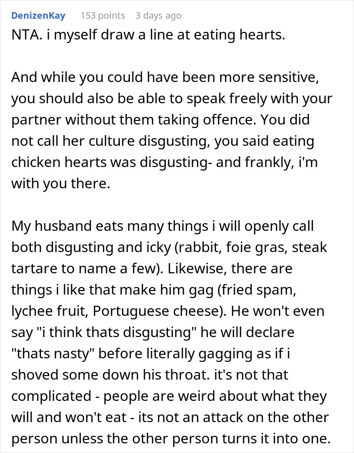 Text discussion about cultural food being called "disgusting" and reactions to unusual foods.