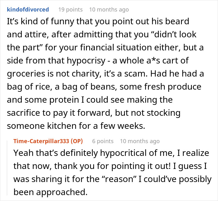 Man asks a stranger to pay for his groceries while loading up a full cart in a grocery store aisle.