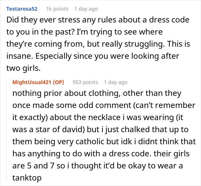 Chat discussion about a teen's tank top and a religious couple's response. Chat discussion about a teen's tank top and a religious couple's response.
