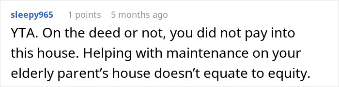 Reddit comment discussing vacation house equity and elderly parent's ownership rights.