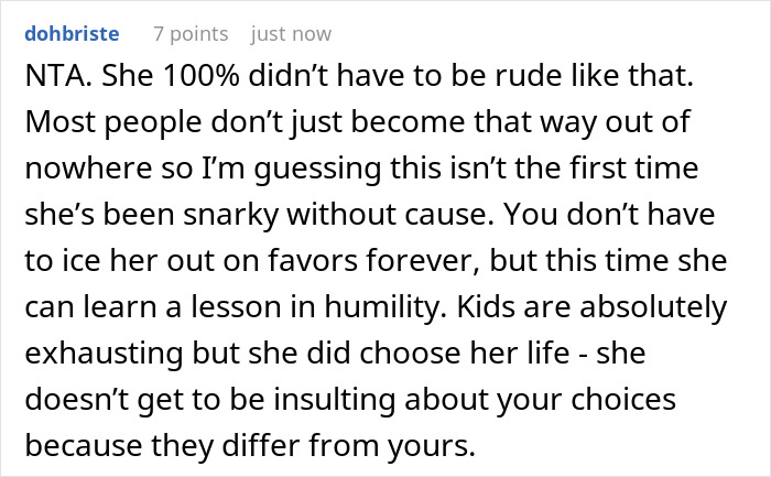 Reddit comment on babysitting stress, discussing sibling conflict and advice on humility and choices.
