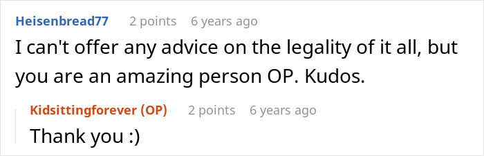 Reddit comments discussing a babysitting situation, praising the original poster.