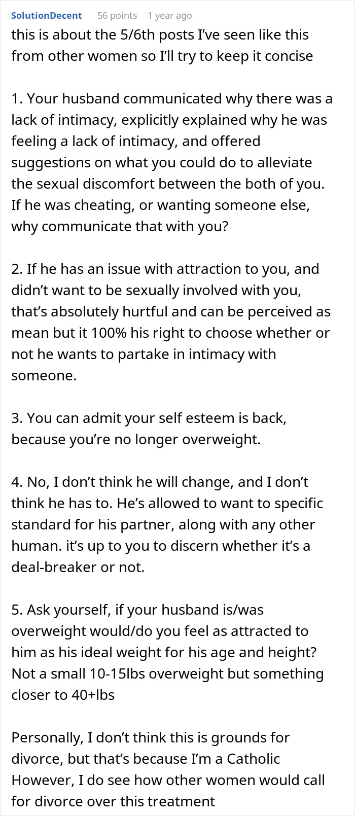 Discussion on intimacy and attraction from an online post, highlighting weight loss and relationship issues. Discussion on intimacy and attraction from an online post, highlighting weight loss and relationship issues.