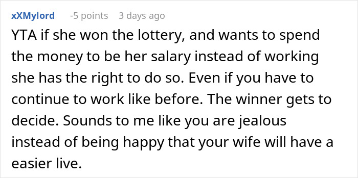 Reddit comment discussing lottery winnings and relationship dynamics.