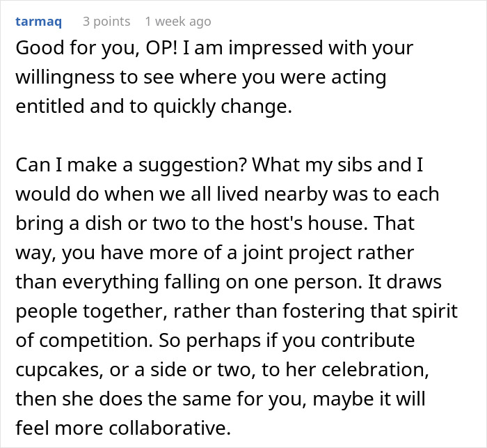 Comment discussing quickly shutting down sister after trying to change tradition and suggesting a collaborative approach with family. Comment discussing quickly shutting down sister after trying to change tradition and suggesting a collaborative approach with family.