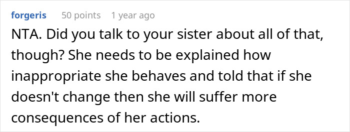 Reddit comment discussing a woman's conflict about her entitled sister and vacation invite.