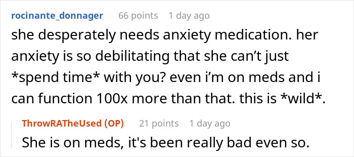 Reddit conversation about anxiety medication affecting time spent with a long-distance girlfriend.
