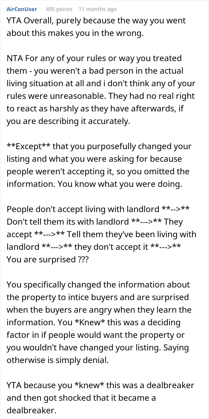 Reddit user comment discussing hiding landlord status from roommates, questioning honesty and reactions. Reddit user comment discussing hiding landlord status from roommates, questioning honesty and reactions.