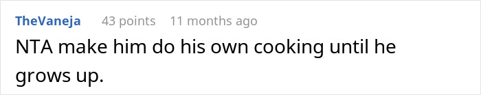 Comment discussing woman cooking for boyfriend's family on vacation and her frustration.