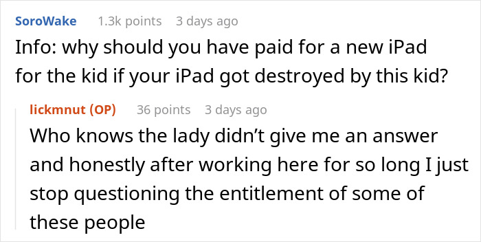 Reddit thread discussing entitled mom, broken iPad incident at bowling alley.