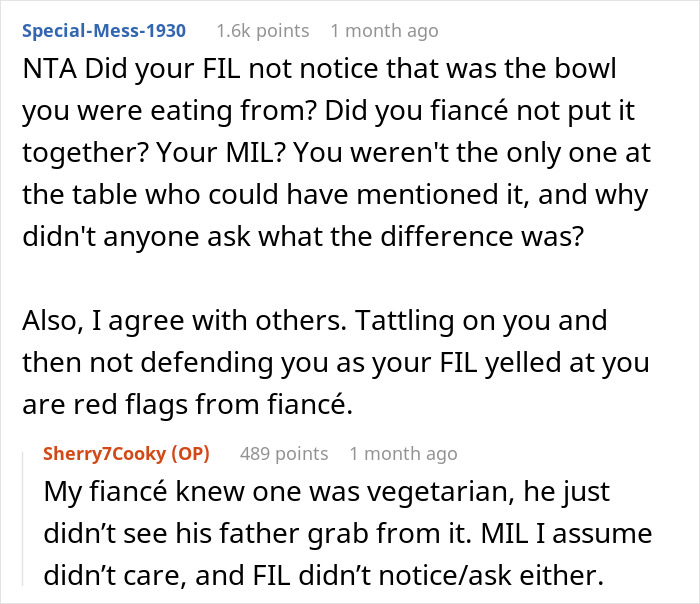 Reddit comments discussing FIL reaction to vegetarian meatballs; raising relationship concerns.