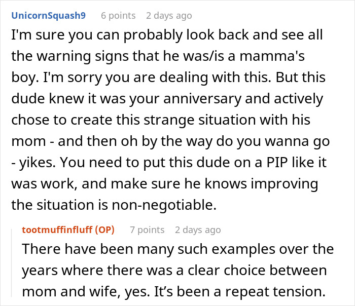 Reddit comments discussing a man choosing his mom over his wife for an anniversary date.