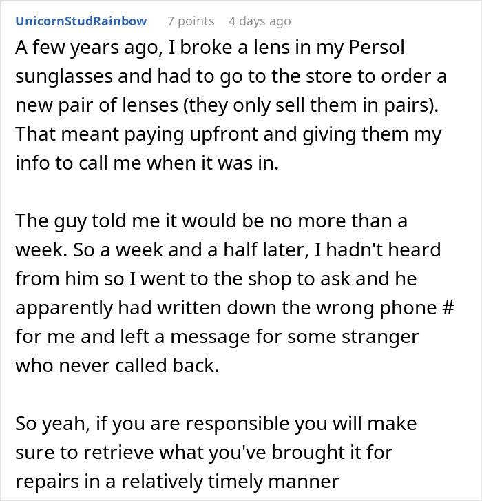 Text recounting an experience with delayed sunglass lens repair due to miscommunication.
