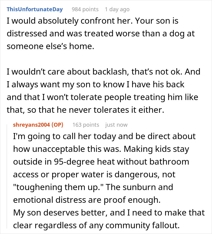 Redditors discuss child neglect with lack of hydration and bathroom access in 95-degree heat.