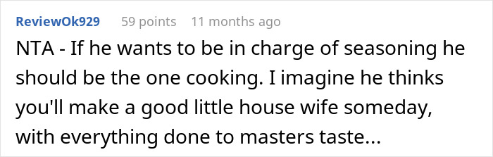 Comment about cooking frustration on vacation, suggesting the boyfriend should cook if he insists on seasoning control.