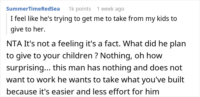 A Reddit comment about a woman suspecting her boyfriend wants her assets for his daughter.