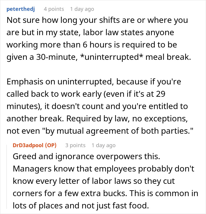 Reddit discussion about employee break policy and labor law compliance in the workplace.