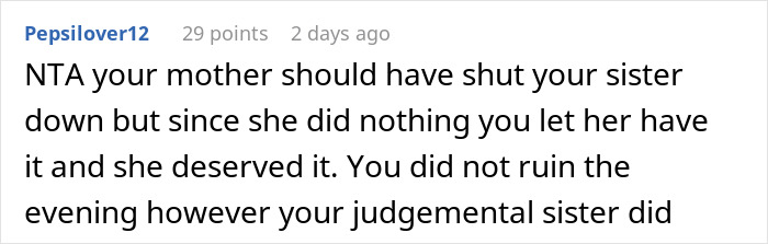 Comment about a sister being judgmental towards pregnancy, with a secret used as a weapon in response. Comment about a sister being judgmental towards pregnancy, with a secret used as a weapon in response.