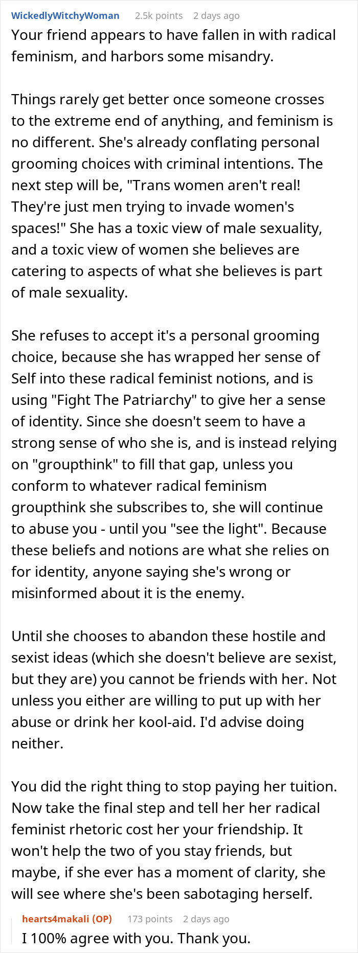 Reddit comment discussing friendship impacted by hygiene-related accusations and radical feminism.