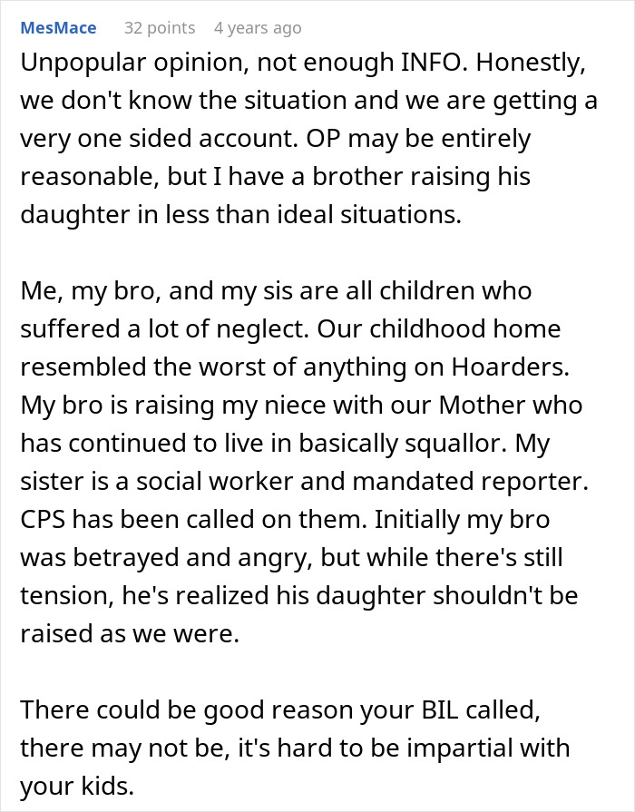 Reddit comment discussing family neglect and CPS involvement with brother-in-law.