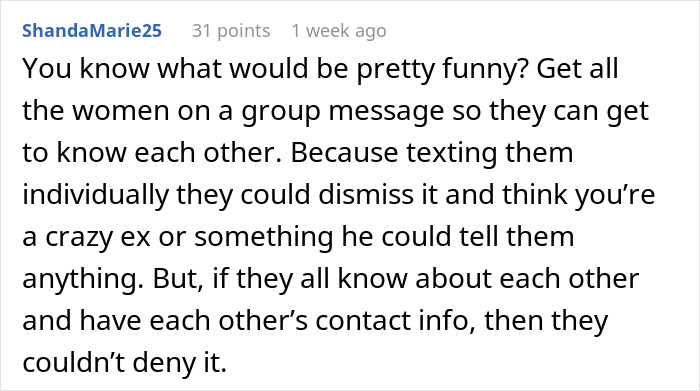 Screenshot of a user's comment discussing sending group messages to women, implying exposure of a man's phone secrets.