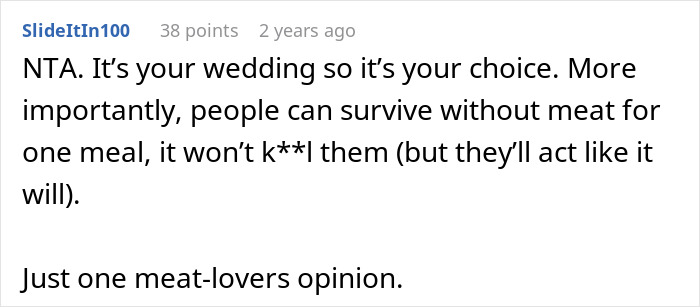 Comment discussing the choice of not offering a meat option at a wedding, emphasizing guest flexibility. Comment discussing the choice of not offering a meat option at a wedding, emphasizing guest flexibility.