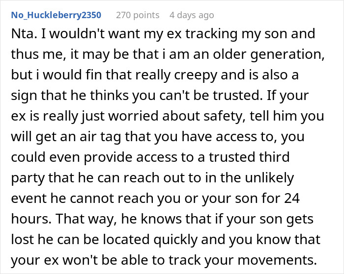 Comment discussing concerns about ex wanting to put an AirTag in son&rsquo;s shoe to track him during Europe trip
