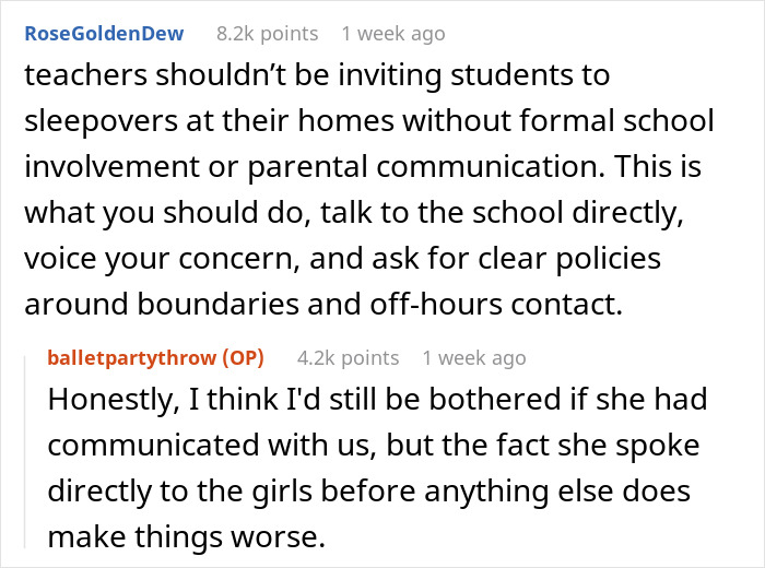 Comments discussing a mom's concerns over a dance teacher's sleepover invite to students without parental communication.