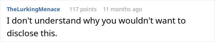 Reddit comment questioning the choice not to disclose being the landlord. Reddit comment questioning the choice not to disclose being the landlord.