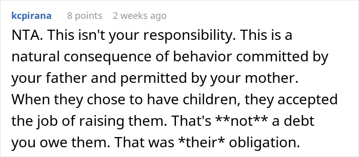 Comment discussing responsibility in family dynamics and addressing a father's past cruelty.