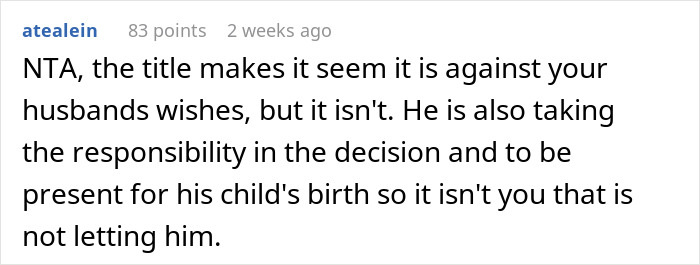Reddit comment discussing husband's decision to skip sister's wedding near wife's due date.