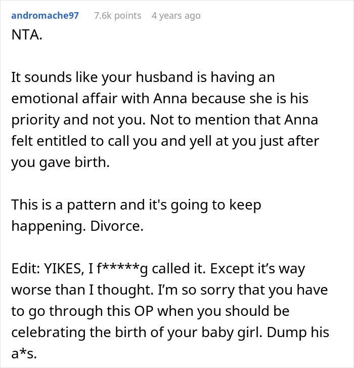 Reddit comment discussing husband&rsquo;s choice of female friend over childbirth, suggesting emotional affair and advising divorce.