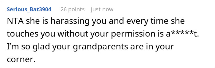 Online comment discussing harassment and support from grandparents.