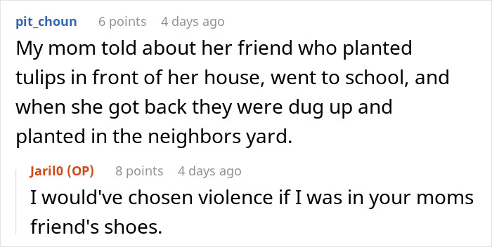 Text exchange discussing a plant thief, with an angry owner suggesting a violent reaction.