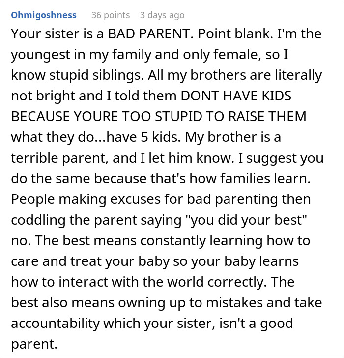Text expressing frustration about family drama, sibling's parenting, and lack of accountability.