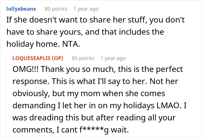 Reddit comments discussing a woman's refusal to invite her entitled sister on Easter vacation.