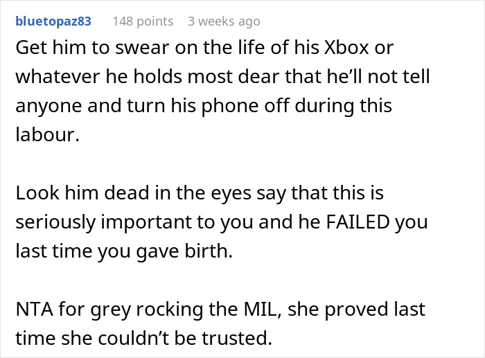 Reddit comment discussing keeping pregnancy news from an overbearing MIL for attention.