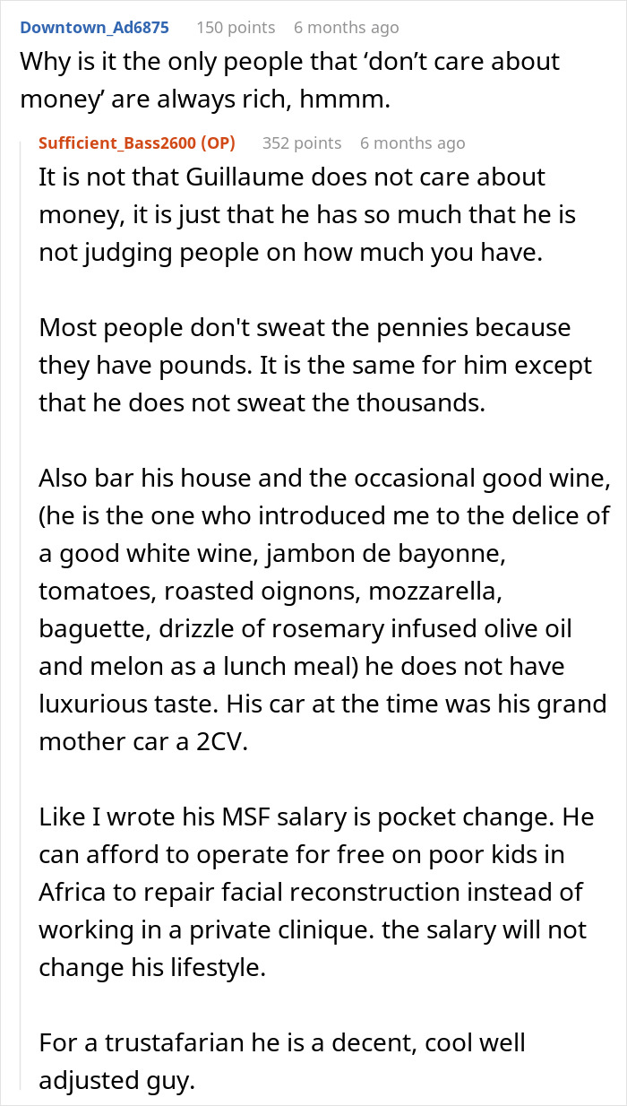 Reddit thread discussing a rich friend's indifferent attitude towards money, impacting traders' arrogance.