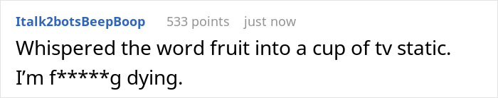 Text post humorously describes faked-liking-sparkling-water as "whispered fruit into TV static.